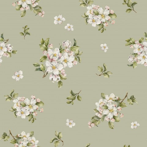  Rib Jersey, carta da parati con motivo floreale con fiori bianchi e foglie verdi