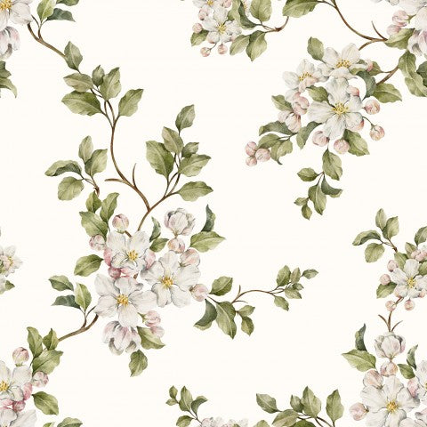  Carta da parati floreale in cotone satinato con fiori bianchi e rosa