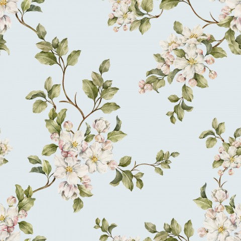  Carta da parati in raso di cotone senza cuciture con fiori su sfondo blu