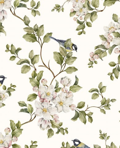 Satin Baumwolle eine nahtlose Blumentapete mit Vögeln und Blumen