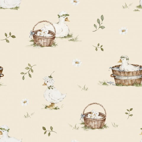 Canards et paniers en tissu imperméable sur fond beige