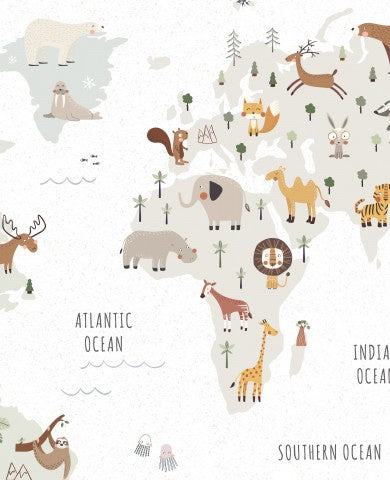 Tissu imperméable avec illustration d'animaux sur la carte du monde