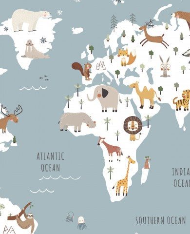 Tissu imperméable avec illustration d'animaux sur la carte du monde