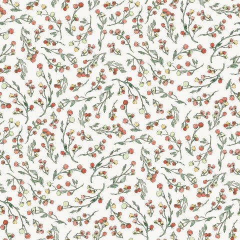 Raso di cotone con motivo floreale con bacche rosse e foglie verdi