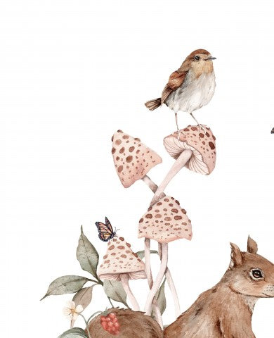  Rib Jersey un'illustrazione ad acquerello di scoiattoli, uccelli e funghi