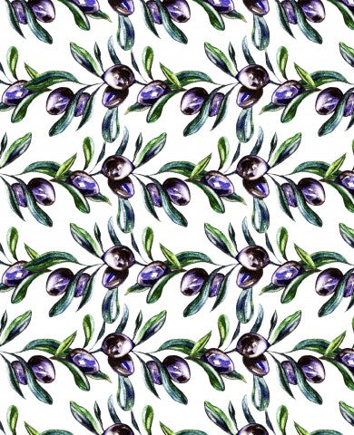  Raso di cotone con motivo acquerello con olive e foglie verdi