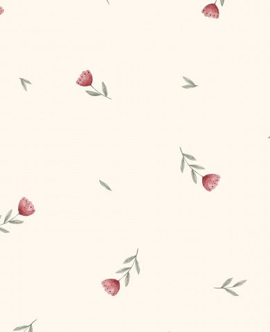  Mussola, carta da parati floreale bianco-rosa con foglie