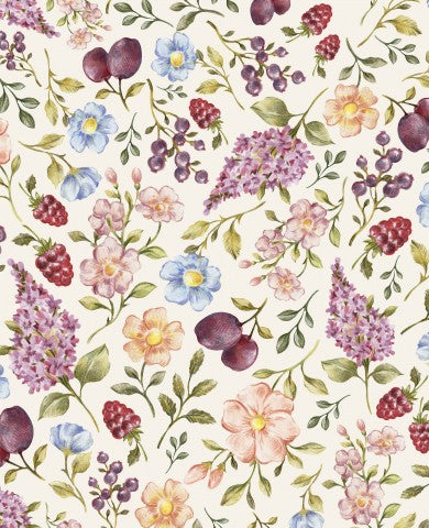  Muslin et billede af et blomstermønster med bær og blomster