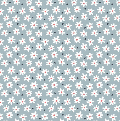  Crea la tua prossima creazione di abbigliamento su una base di cotone al 100%! Il nostro tessuto in tela 'Little Daisies Blue' è il materiale ideale per coloro che