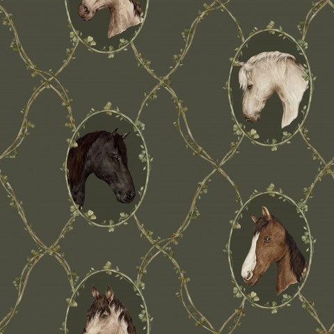  Raso di cotone con motivo di cavalli su sfondo verde