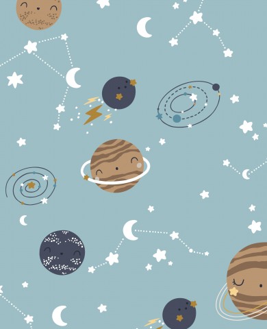 SoftShell cartoon planets and stars on blue background