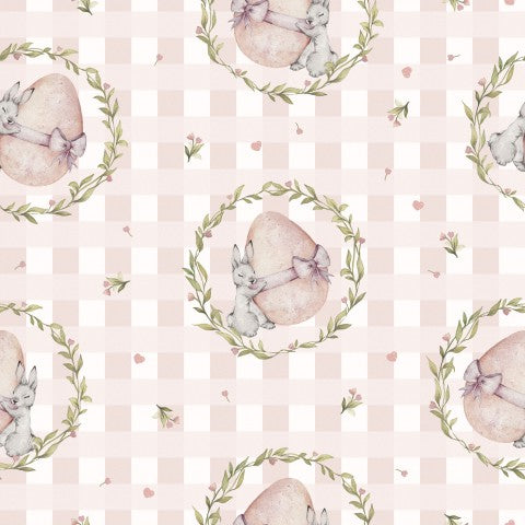  Satén de algodón con estampado de conejito de Pascua sobre fondo de cuadros rosas y blancos.