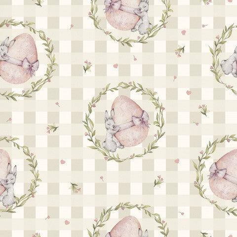 Tissu imperméable avec un motif de lapin de Pâques sur un fond à carreaux