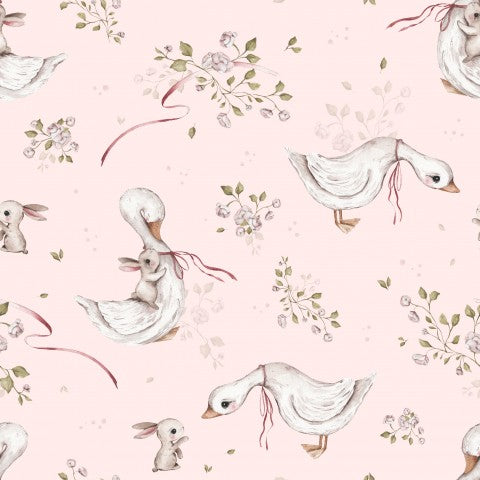 Paperelle e conigli in French Terry su sfondo rosa