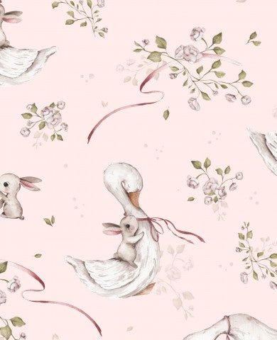  French Terry con anatre e fiori su sfondo rosa