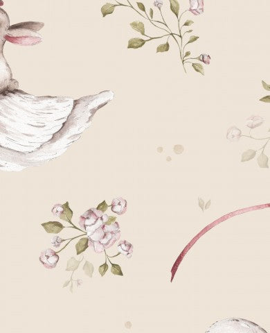  Jersey a coste con anatre e fiori su sfondo beige