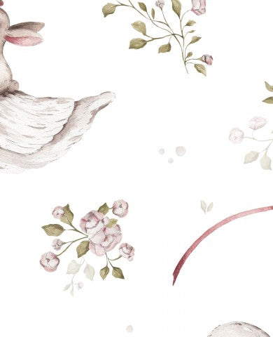  Jersey a coste con anatre e fiori su sfondo bianco