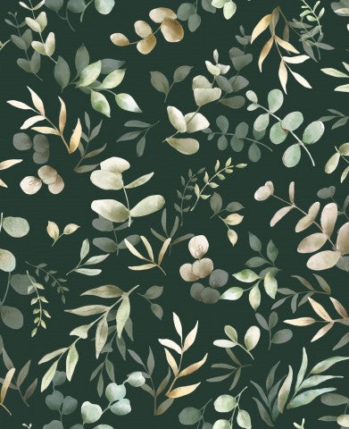 Waterproof fabric floral pattern with leaves on dark green background