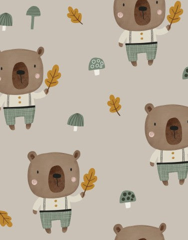 Toile de coton ours bruns et champignons