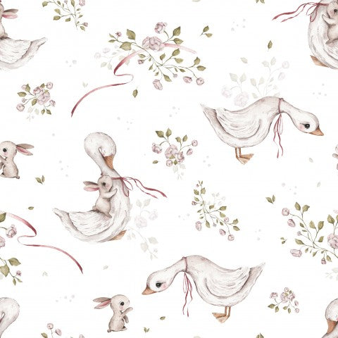  Maglia a coste con anatre e fiori acquerellati