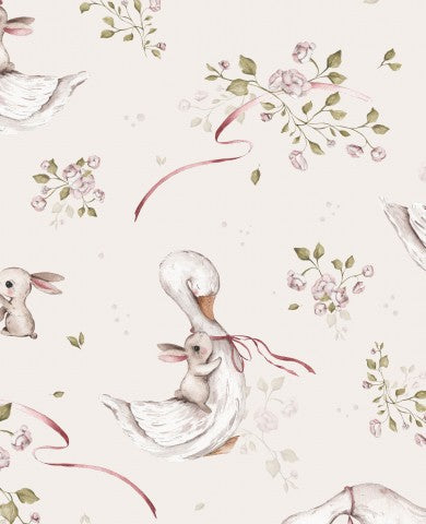  Maglia a coste con motivo floreale bianco e rosa con anatre e conigli
