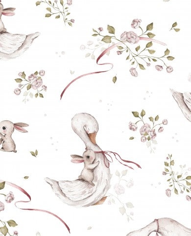  French Terry con anatre e fiori su sfondo bianco