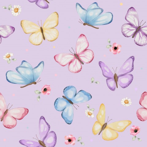 Muslin colorful butterflies on a purple background