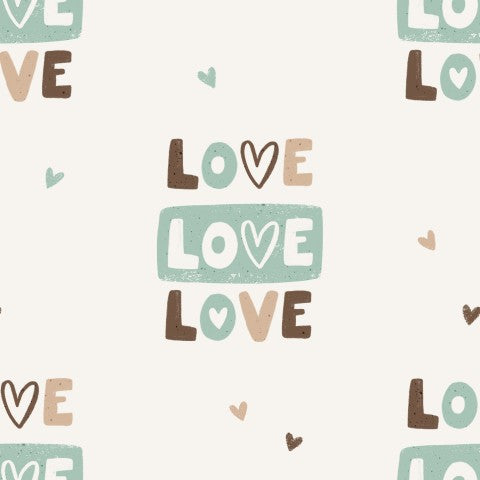 Satin cotton with the words “love” and “hearts”