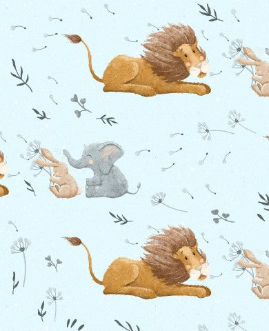  Raso di cotone con un leone, un elefante e un dente di leone