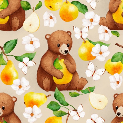  Cotone satinato con orso bruno e pere