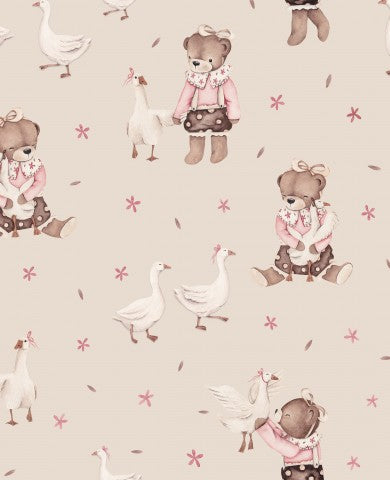 Wasserdichter Stoff Mädchen Teddy mit Gänsen beige 25x25