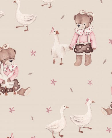 Wasserdichter Stoff Mädchen Teddy mit Gänsen beige 35x35