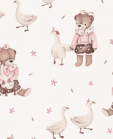Wasserdichter Stoff Mädchen Teddy mit Gänsen creme 35x35