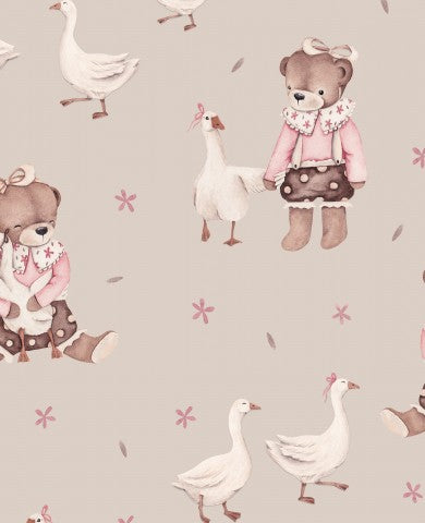 Wasserdichter Stoff Mädchen Teddy mit Gänsen grau 35x35