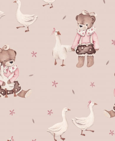 Wasserdichter Stoff Mädchen Teddy mit Gänsen hellrosa 35x35