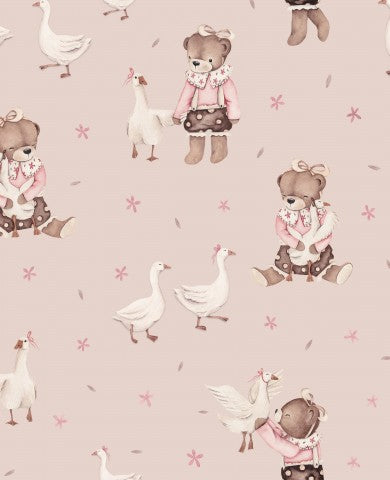 Wasserdichter Stoff Mädchen Teddy mit Gänsen rosa 25x25