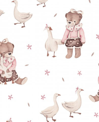 Wasserdichter Stoff Mädchen Teddy mit Gänsen weiß 35x35