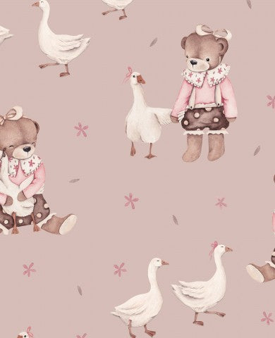 Jersey girl's teddy bear with geese, old pink, 35 x 35 cm