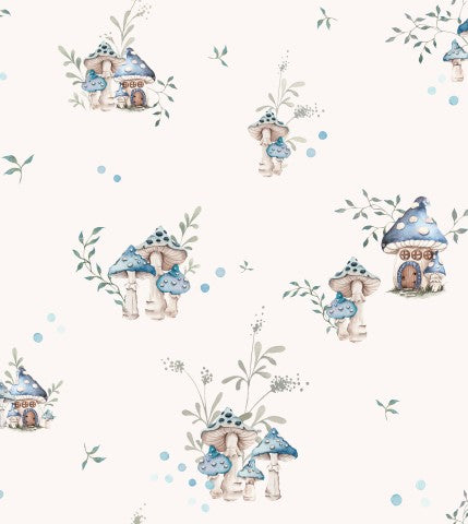 Carta da parati in raso di cotone con funghi blu e fiori bianchi