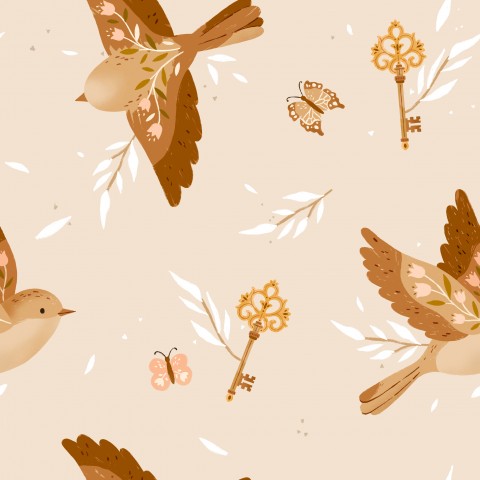 Wasserdichter Stoff Magic key Floral bird Beige