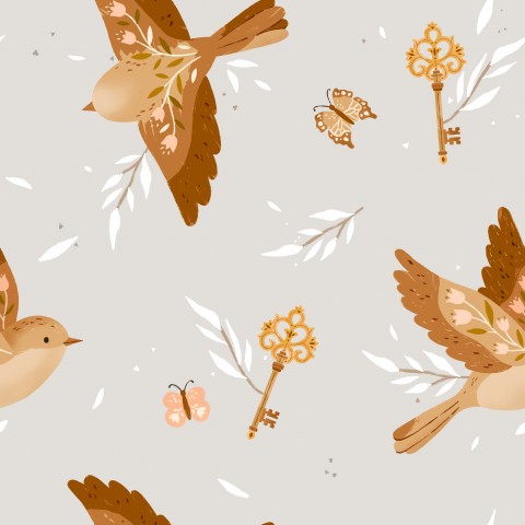 Wasserdichter Stoff Magic key Floral bird Grey