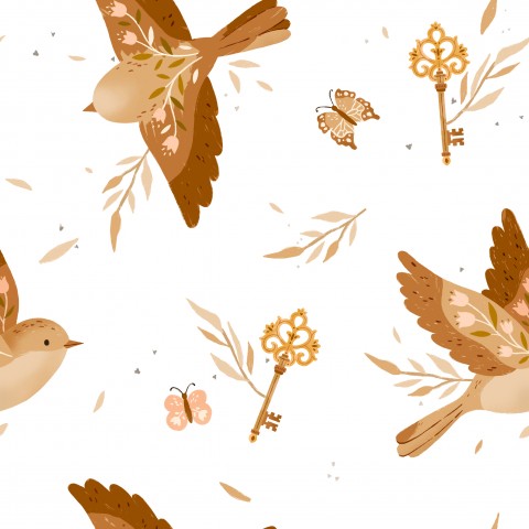 Wasserdichter Stoff Magic key Floral bird White