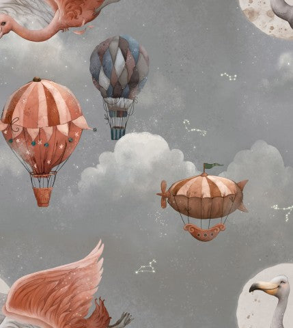 Tissu imperméable flamants roses et montgolfières volant dans le ciel