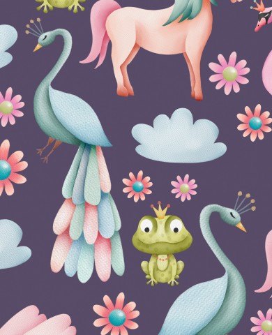  Unicorni, uccelli e fiori in raso di cotone