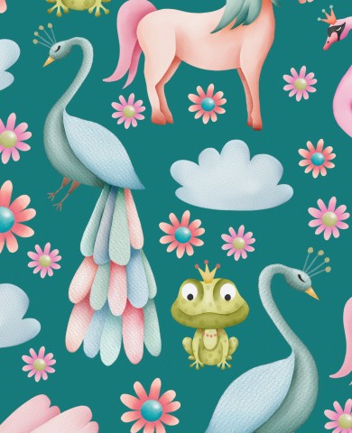  Unicorni, uccelli e fiori in French Terry