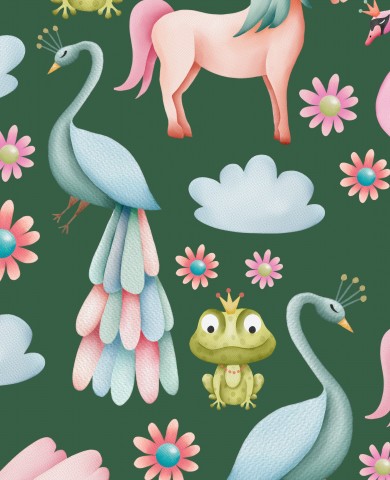  Unicorni, uccelli e fiori in raso di cotone