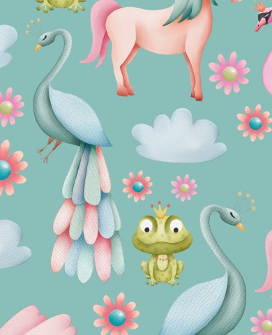  Unicorni, uccelli e fiori in raso di cotone