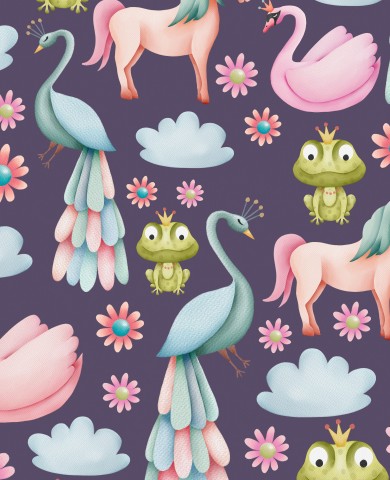  Unicorni, rane, uccelli e fiori in raso di cotone