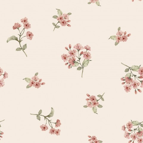 French Terry, una carta da parati floreale con fiori rosa e foglie verdi