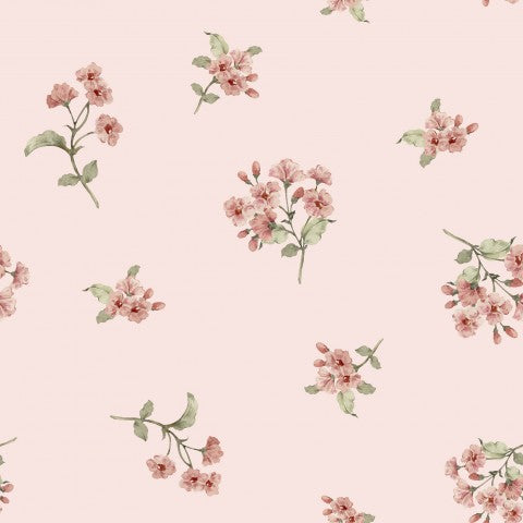  French Terry, una carta da parati floreale con fiori e foglie rosa